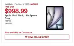 Costco Apple iPad Air 6, 13in space grey offer