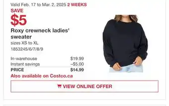 Costco Roxy crewneck ladies sweater offer