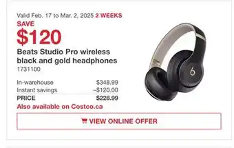 Costco Beats Studio Pro wireless black and gold headphones offer