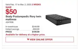 Costco Sealy Posturepedic Rory twin mattress offer