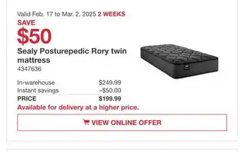 Costco Sealy Posturepedic Rory twin mattress offer