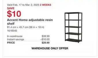 Costco Accent Home adjustable resin shelf offer