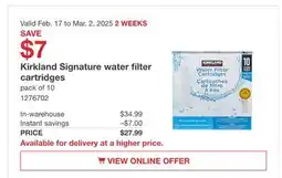 Costco Kirkland Signature water filter cartridges offer