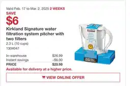 Costco Kirkland Signature water filtration system pitcher with two filters offer