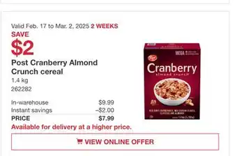 Costco Post Cranberry Almond Crunch cereal offer