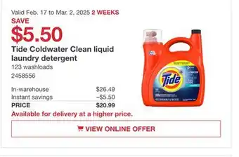 Costco Tide Coldwater Clean liquid laundry detergent offer