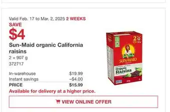 Costco Sun-Maid organic California raisins offer