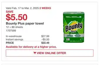 Costco Bounty Plus Paper towels offer