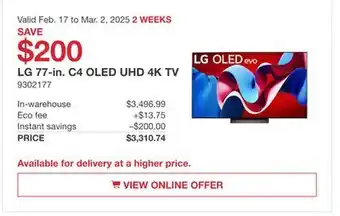 Costco LG 77-in. C4 OLED UHD 4K TV offer