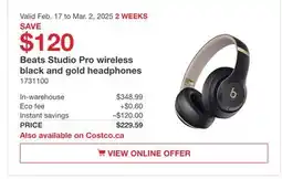 Costco Beat studio pro wireless black and gold headphones offer