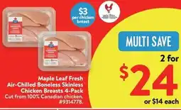 Walmart Maple Leaf Fresh Air-Chilled Boneless Skinless Chicken Breasts 4-Pack Cut from 100% Canadian chicken offer