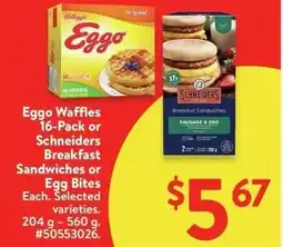 Walmart Eggo Waffles 16-Pack or Schneiders Breakfast Sandwiches or Egg Bites Each offer