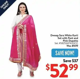 Walmart Dweep Sara White Kurti Set with Pant and Pink Dupatta offer