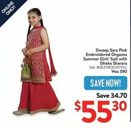 Walmart Dweep Sara Pink Embroidered Organza Summer Girls' Suit with Dhaka Sharara offer