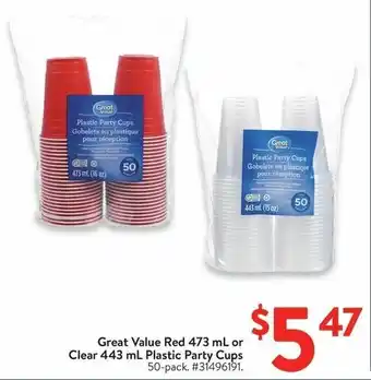 Walmart Great Value Red or Clear Plastic Party Cups offer