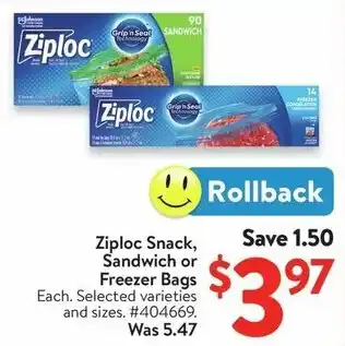 Walmart Ziploc Snack, Sandwich or Freezer Bags offer