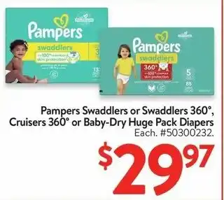 Walmart Pampers Swaddlers or Swaddlers 360°, Cruisers 360° or Baby-Dry Huge Pack Diapers offer