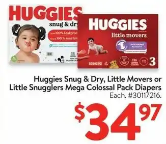 Walmart Huggies Snug & Dry, Little Movers or Little Snugglers Mega Colossal Pack Diapers offer