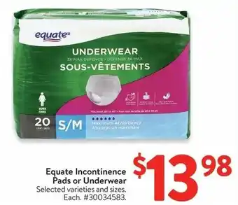 Walmart Equate Incontinence Pads or Underwear offer