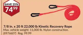 Princess Auto 7/8 in. x 20 ft 22, 000 lb Kinetic Recovery Rope offer