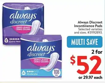 Walmart Always Discreet Incontinence Pads offer