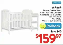 Walmart Dream On Me Anna 4-in-1 Full Size Crib and Changing Table Combo offer