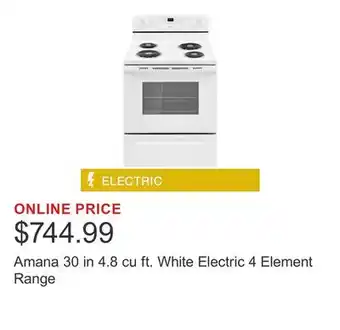 Costco Amana 30 in 4.8 cu ft. White Electric 4 Element Range offer