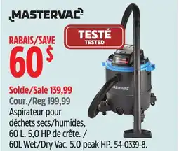 Canadian Tire Mastervac 60L Wet/Dry Vac. 5.0 peak HP offer