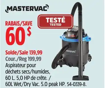 Canadian Tire Mastervac 60L Wet/Dry Vac. 5.0 peak HP offer