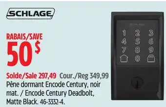 Canadian Tire Schlage Encode Century Deadbolt, Matte Black offer