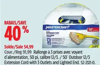 Canadian Tire Mastercraft 50´ Outdoor 12/3 Extension Cord with 3 Outlets and Lighted End offer