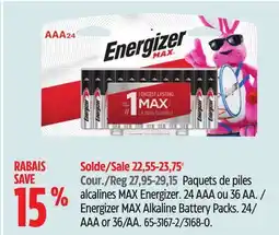 Canadian Tire Energizer MAX Alkaline Battery Packs AAA or 36/AA offer