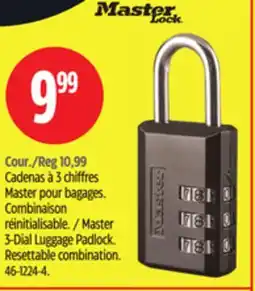 Canadian Tire Master Lock Master 3-Dial Luggage Padlock. Resettable combination offer