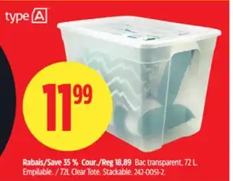 Canadian Tire TYPE A 72L Clear Tote offer