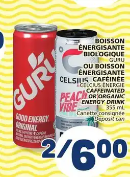 Marché Bonichoix GURU, CELCIUS ÉNERGIE CAFFEINATED OR ORGANIC ENERGY DRINK offer