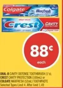 Shoppers Drug Mart Oral-b cavity defense toothbrush. crest cavity protection or colgate maxfresh toothpaste offer