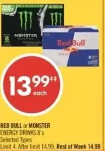 Shoppers Drug Mart Red bull or monster energy drinks offer