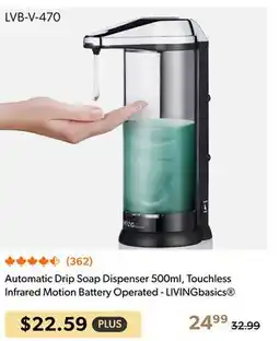 Shopper+ Automatic Drip Soap Dispenser 500ml, Touchless Infrared Motion Battery Operated - LIVINGbasics offer