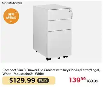 Shopper+ Compact Slim 3-Drawer File Cabinet with Keys for A4/Letter/Legal, White - Moustache - White offer