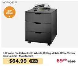 Shopper+ 3 Drawers File Cabinet with Wheels, Rolling Mobile Office Vertical Files Cabinet - Moustache offer