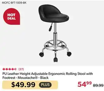 Shopper+ PU Leather Height Adjustable Ergonomic Rolling Stool with Footrest - Moustache - Black offer