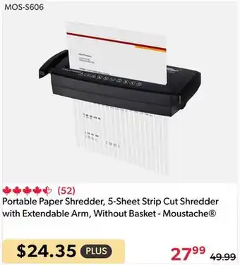 Shopper+ Portable Paper Shredder, 5-Sheet Strip Cut Shredder with Extendable Arm, Without Basket - Moustache offer