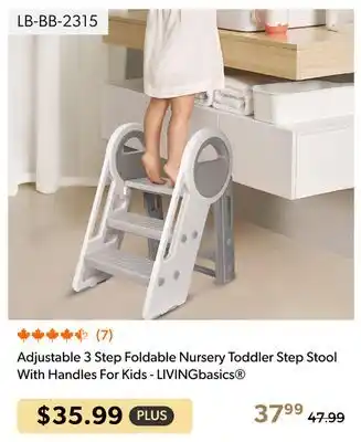 Shopper+ Adjustable 3 Step Foldable Nursery Toddler Step Stool With Handles For Kids - LIVINGbasics offer