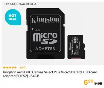 Primecables Kingston micSDHC Canvas Select Plus MicroSD Card + SD card adapter (SDCS2) - 64GB offer