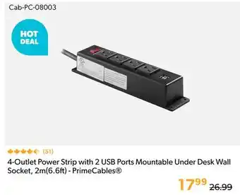 Primecables 4-Outlet Power Strip with 2 USB Ports Mountable Under Desk Wall Socket, 2m(6.6ft) - PrimeCables offer