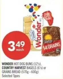 Shoppers Drug Mart Wonder hot dog buns, country harvest bagels or grains bread offer