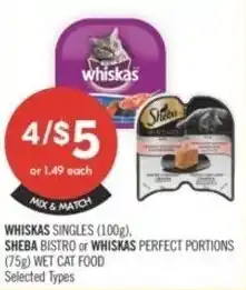 Shoppers Drug Mart Whiskas singles, sheba bistro or whiskas perfect portions wet cat food offer