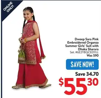 Walmart Dweep Sara Pink Embroidered Organza Summer Girl's Suit with Dhaka Sharara offer