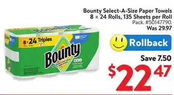 Walmart Bounty Select A-Size Paper Towels 8 = 24 Rolls, 135 Sheets per Roll offer