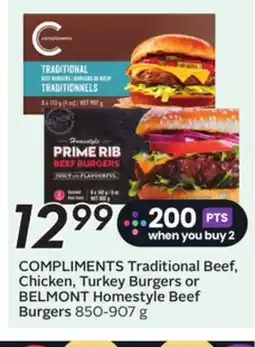 Sobeys COMPLIMENTS Traditional Beef, Chicken, Turkey Burgers or BELMONT Homestyle Beef Burgers offer